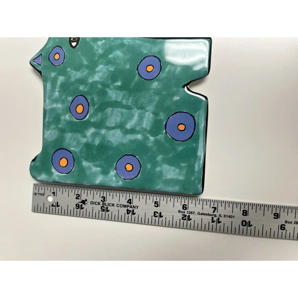 Vtg Ceramic Cat Trivet Porta Annee Goodchild Teal Spots Footed Plate‎ Eccentric